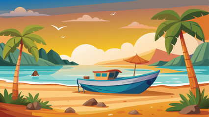 Cartoon Beach Landscape Boat on Sand, Palm Trees, Mountains, and Sunset Sky