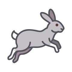Stylized vector illustration of a jumping grey rabbit with thick outline colorful vector icon