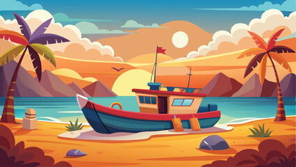 Cartoon Fishing Boat on Tropical Beach with Palm Trees at Sunset Illustration