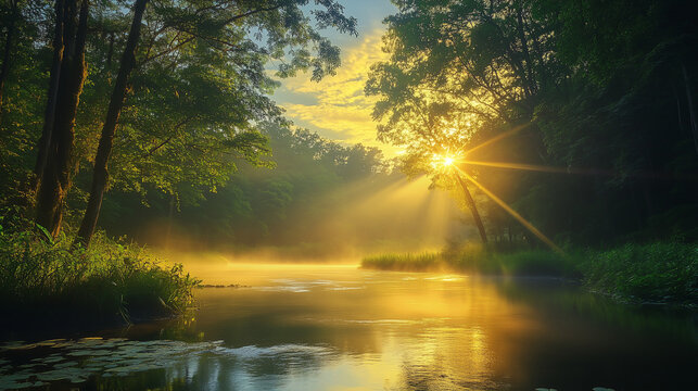 serene river bend at sunrise through a forest clearing