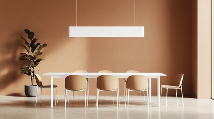 A modern dining area with a light beige table and chairs.