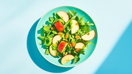 Fresh salad with apple slices, mixed greens, and nuts on a vibrant blue background, perfect for healthy eating.
