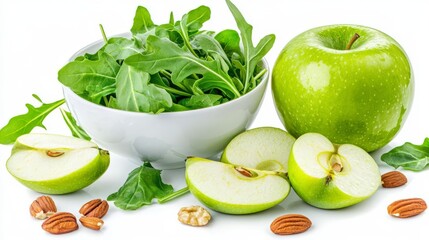 Fresh and vibrant green apples with arugula and nuts, perfect for healthy recipes and nutritious meals.