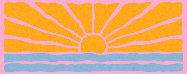 Vector illustration in boho style sun and sea. Trendy retro naive simple style for your design in pastel colors. © sunshinys