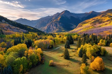 Autumn mountain valley scenic view on white background