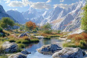 Fototapeta premium An ultra realistic scene depicting mountain landscapes untouched by development in a natural environment.