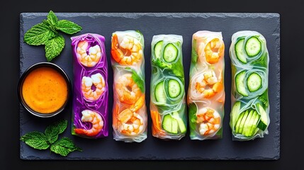 Fresh and colorful spring rolls with shrimp and vegetables served with a vibrant dipping sauce.