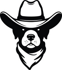 Black dog head in western cowboy hat vector Solid silhouette on white background