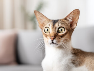 Fototapeta premium Alert cat sitting indoors on soft background, neutral colors