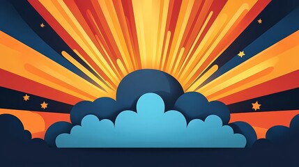 Vibrant sunset with colorful rays bursting from clouds, creating an eye-catching graphic design element.