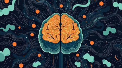 An abstract illustration of a brain, depicting vibrant thoughts and ideas in a colorful, swirling design.
