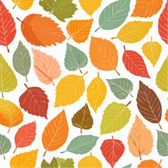 Obraz premium Colorful Autumn Leaves Seamless Pattern with Orange, Yellow, Green and Red on White Background