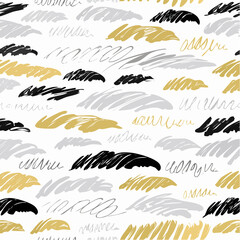 Naklejka premium Hand-Drawn Brush Strokes Pattern with Black, Gold, and Gray on White Background