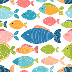 Seamless pattern with colorful cartoon fishes on white background, vibrant and cheerful design