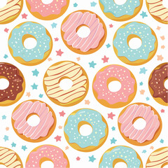 Assorted Doughnuts Seamless Pattern with Star Sprinkles on White Background