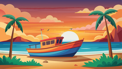 Illustrated Beach Sunset Fishing Boat, Palm Trees, Calm Ocean, and Colorful Sky