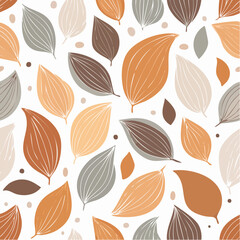 Obraz premium Autumn Leaves Seamless Pattern with Brown, Orange, Gray, and Beige on White Background