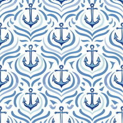Nautical seamless pattern with stylized sea waves and anchors in blue tones on white background surface design print