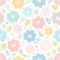 Floral seamless pattern pastel color flowers leaves background vector design romantic spring delicate wallpaper scrapbook surface design