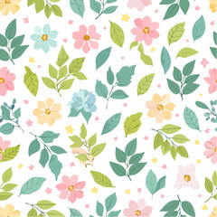 Seamless floral pattern with flowers, leaves and small blossoms for backgrounds or textile design