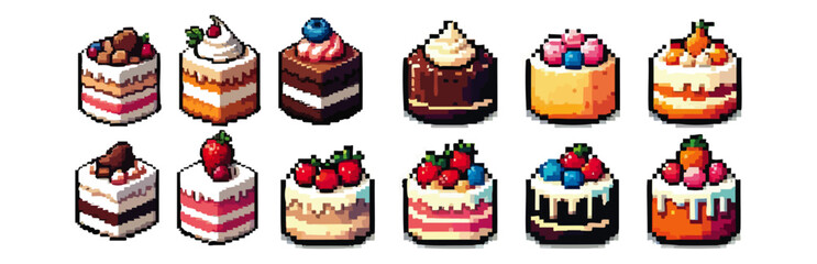 Pixel Art Collection of Gourmand in Retro Game Style – Whole & Sliced Variants, Centered on White Background, No Shadows