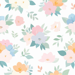 Pastel Floral Seamless Pattern with Blooming Flowers and Green Leaves on White Background Romantic Feminine Spring Summer Design