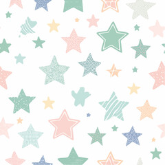 Fototapeta premium Colorful Star Seamless Pattern Pastel Colors for Kids Fabric and Gift Wrap Design. Various star shapes, textures and patterns on the white backdrop.