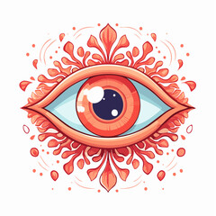 Stylized eye illustration with floral elements and symmetrical decorative ornament in peach and blue colors vector design