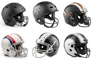 Various American football helmets displayed in different styles and colors  