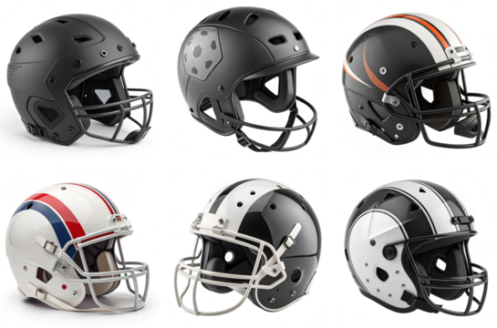 Various American football helmets displayed in different styles and colors  