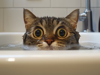 Frightened striped cat sits in bathtub with water, wide-eyed and tense in a bright bathroom.