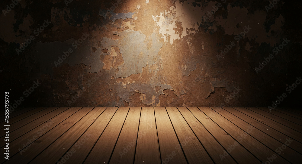 Poster wooden floor and textured wall background illuminated by spotlight, showcasing a blank space ideal f