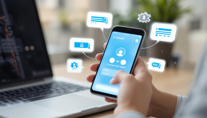 Businessman Using AI Chatbot on Smartphone for Customer Support and Digital Communication