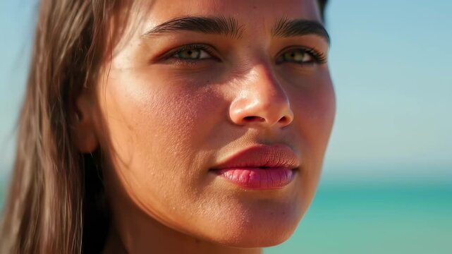 A serene young adult woman's face in an extreme close-up, showcasing her natural beauty, glowing skin, and expressive eyes. Bright daylight illuminates her features with a beach backdrop. Static.