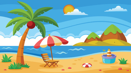 Cartoon Beach Scene Palm Tree, Parasol, Chair, Sandcastle, Ocean, Sun, and Green Mountains