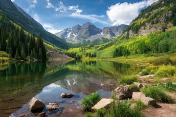 Lake reflection of mountains scenery on white background