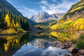 Mountain lake reflection scenic view on white background