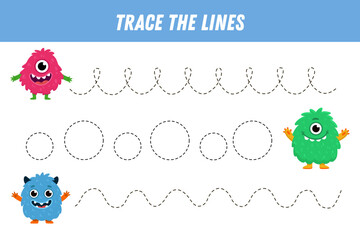 Tracing lines for kids. Cute cartoon monsters. Handwriting practice. Educational game for preschool kids. Activity page. Vector
