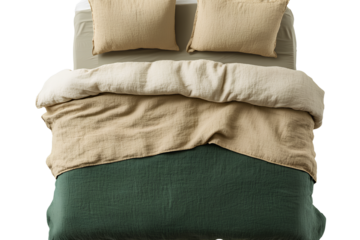 Vector realistic bubbles on a transparent background - A bed with two pillows and a beige and green duvet cover, top view in a transparent background (2)