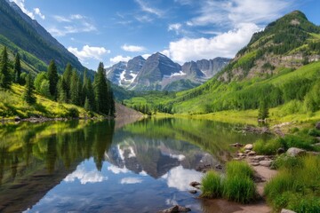 Mountain lake reflection scenic view on white background