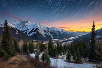 Mountain star trails scenic view on white background
