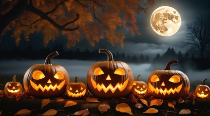Spooky carved pumpkins glowing with candles, surrounded by autumn leaves and mist under a full moon night