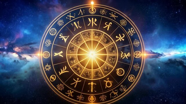 Ornate zodiac wheel with golden symbols against a nebula backdrop displaying celestial signs