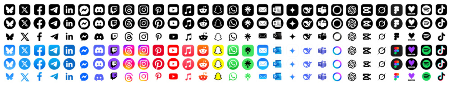 Threads, Instagram, TikTok, X, Facebook, Whatsapp, Twitter, YouTube, Telegram, Snapchat, Pinterest, Reddit, Messenger, Deezer, Bluesky, Spotify and LinkedIn app icons. Set of social media logos