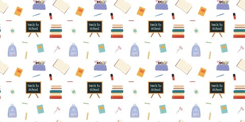 Back to school set, seamless vector pattern with school supplies and editable white background