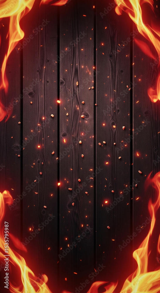 Poster dark wood planks background framed by fiery orange flames and glowing embers, creating a dramatic an