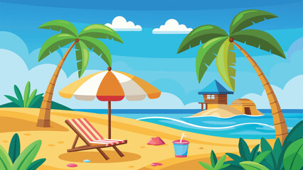 Cartoon Tropical Beach Scene with Palm Trees, Deckchair, and Drink Illustration