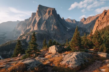 Rocky mountain vista landscape scene on white background