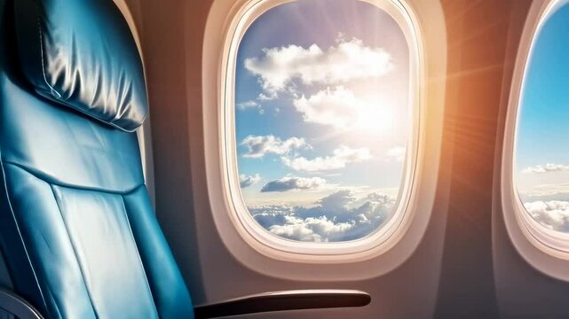 Interior of airplane showcasing empty passenger seats with soft cushions, bathed in warm sunlight from large windows, creating a peaceful and inviting travel environment for passengers - Powered by Adobe