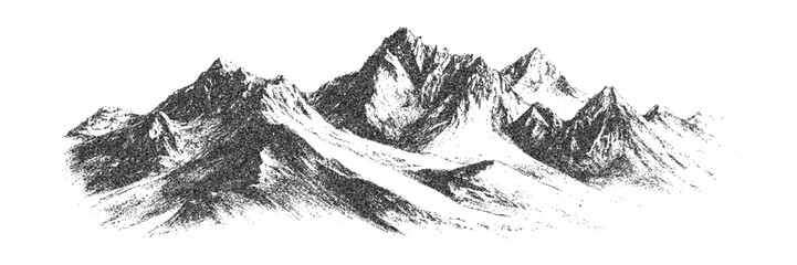 Pointillism mountain landscape with sharp ridges and snowy slopes. Monochrome stipple texture in vintage engraving style. Vector illustration
